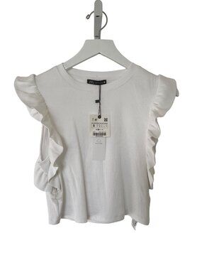 Zara White Sleeveless Ribbed Ruffle Detail Crop Top